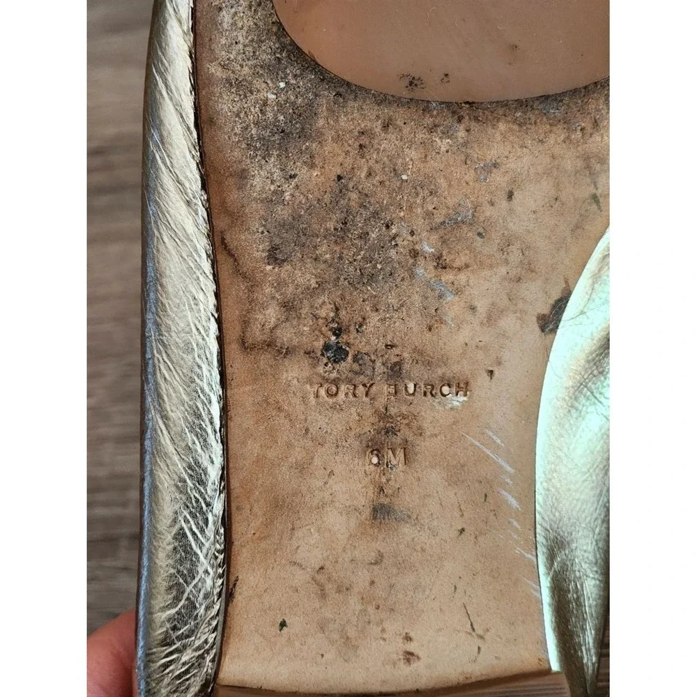 TORY BURCH Gold Square Toe Ballet Flats Logo Size 6